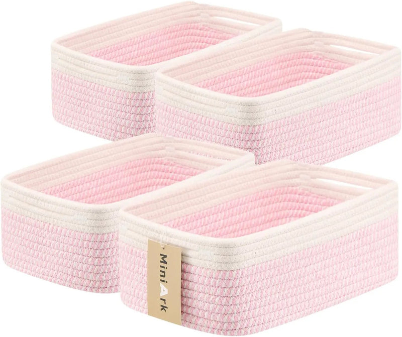 Small Storage Baskets for Organizing | Closet Organizer Bins | Shelf Toy Basket | Woven Rope Baskets | Cube Decorative Box | Shallow Basket | 13x8.5x5.1” | 4 Packs White Pink by GreenHaven Gardens