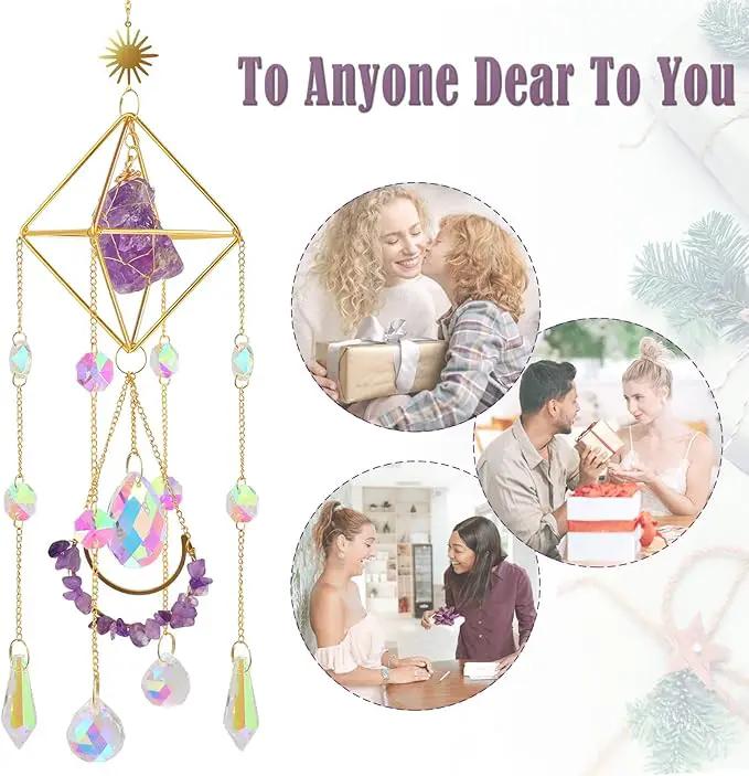 Amethyst Crystal Suncatcher - Hanging Gold Plated Garden Sun Catcher for Windows, Healing Amethyst Crystal Decor for Home, Gift for Christmas Birthday Valentine Mothers Day by GreenHaven Gardens