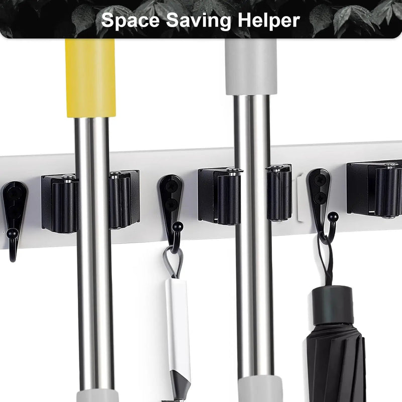 Broom Holder Wall Mount With 5 Slots & 4 Hooks，Rustic Wood Broom & Mop Hanger，Wall Mounted Garden & Garage Tool Storage Organizer Rack for Closet Laundry Room or Kitchen Wall Decor White by GreenHaven Gardens