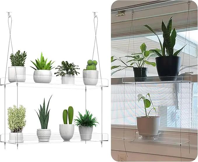 2-Tier Hanging Clear Plant Shelves for Windows, Acrylic Window Wall Plant Stand Shelf for Kitchen Indoor Gardens, Flower, Succulents, Herb, Seedling Organization, and Pots Display, 16 Inch per Tier by GreenHaven Gardens