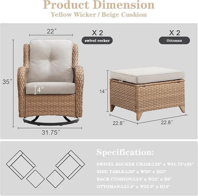 4 Pieces Patio Furniture Sets, Wicker Patio Swivel Glider Chair with Ottomans, Outdoor Furniture Set for Outside Porch, Deck, Balcony, Garden, Yellow by GreenHaven Gardens