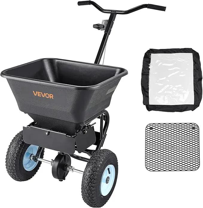 VEVOR Broadcast Spreader, 100LBS4Capacity, Walk-Behind Push Spreader, 0-9.8ft Spreading Width, 13 in All Terrain Pneumatic Tires, Lawn Spreaders with Hopper Grate, for Seed, Fertilizer, Salt, Ice Melt by GreenHaven Gardens