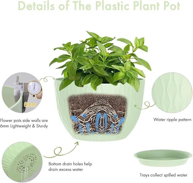 12 Inch Large Plant Pots for Indoor or Outdoor Plants, Wide Water Ripples Flower Pots with Drainage Holes & Saucer, Plastic Planters Set for Garden & Home Decor (Green) by GreenHaven Gardens