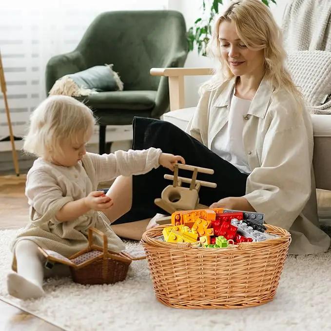 Wicker Picnic Basket with Double Folding Handles, Natural Large Willow Hamper Empty Basket Cheap Easter Eggs Candy Storage Wine Basket for Toy, Flower, Wedding（White 16inch） by GreenHaven Gardens