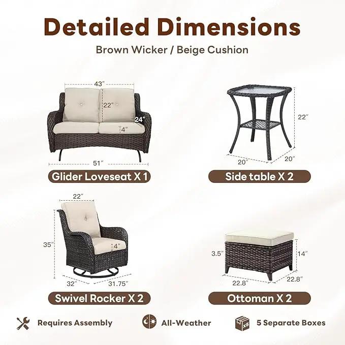 Outdoor Patio Furniture Set - 7 Piece Brown Wicker Conversation Patio Furniture Set All Weather Swivel Chairs with Ottoman and Loveseat Glider Chair for Deck Balcony Backyard by GreenHaven Gardens