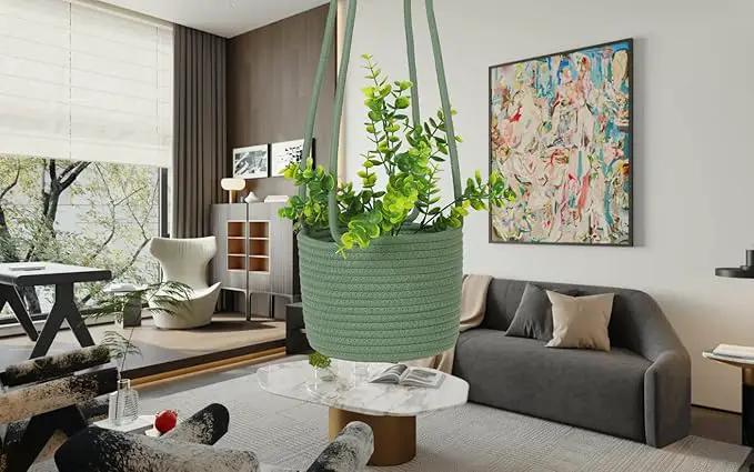 Hanging Planter Basket Jute Rope Woven Plant Hangers Indoor Hanging Plant Holder Up to 7" Pot Macrame Modern Storage Organizer Home Decor (Green)
