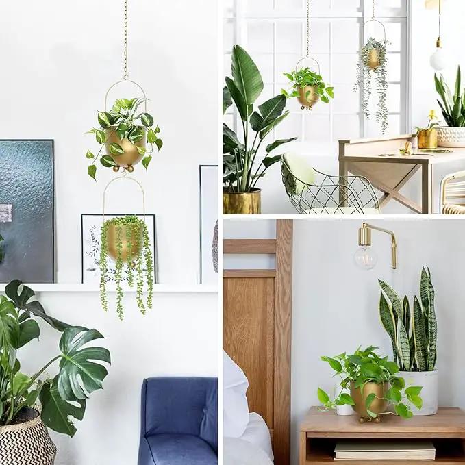AceList Boho Gold Metal Hanging Planters, Set of 2 with Hooks & Chains - Versatile Wall & Ceiling Plant Hangers for Indoor/Outdoor Décor by GreenHaven Gardens