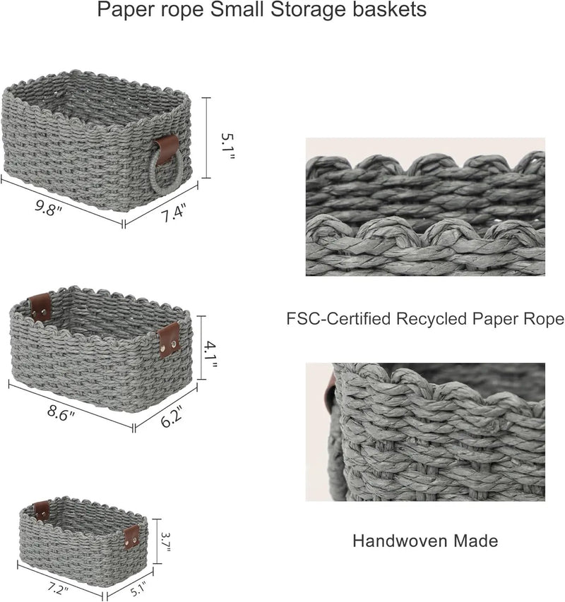 Small baskets for Organizing,Cute woven Storage basket with recycled paper rope for Shelves Bathroom,Little decorative basket,Set of 3 (Dark Grey) by GreenHaven Gardens