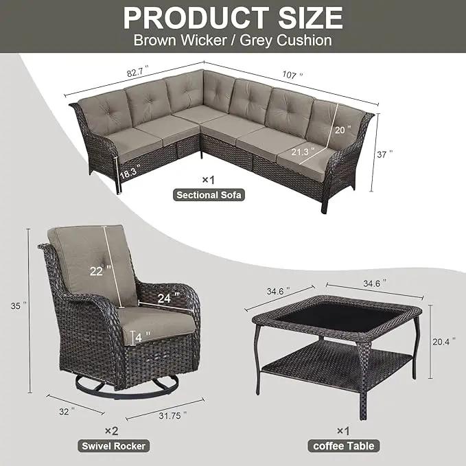 Outdoor Furniture Sectional Sofa L Shaped Couch - Patio Wicker Set with 2 Swivel Glider Chairs, 5 Piece Rattan Patio Conversation Sets with Gray Cushion for Deck Backyard Sunroom by GreenHaven Gardens