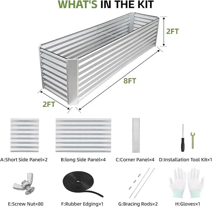 8x2x2ft Raised Garden Bed - Galvanized Deep Root Planter Boxes Outdoor with Wing Nuts and Safety Edges for Gardening Vegetables, Flowers, Herbs, Succulents - Silver by GreenHaven Gardens
