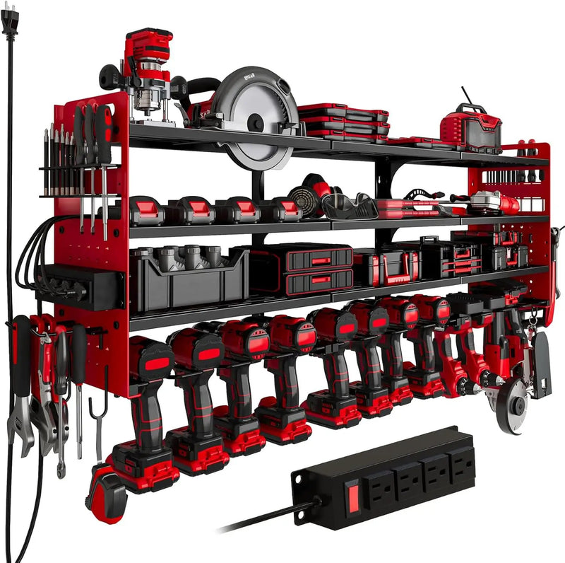 12 Cordless Drill Holder Large Power Tool Organizer Wall Mount with Side Pegboard & Screwdriver Holder, 4-Tier Heavy Duty Metal Tool Storage Rack with 4-Outlet Power Strip by GreenHaven Gardens