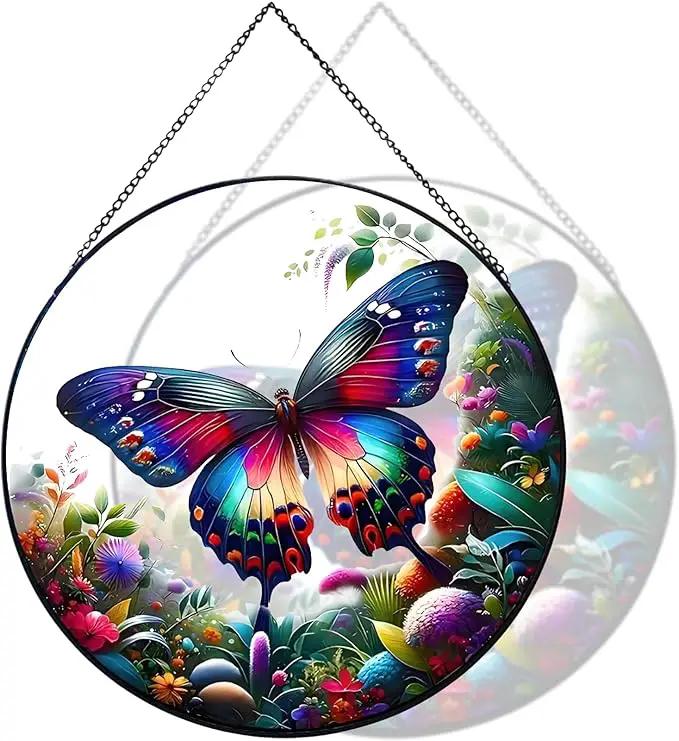 RIVEENY Butterfly Stained Glass Window Hangings, 8" Monarch Butterfly Hanging Stained Glass for Windows, Sun Catcher Garden Hangings Christmas Mother's Day, Valentine's Day Ornaments Festival Gift by GreenHaven Gardens