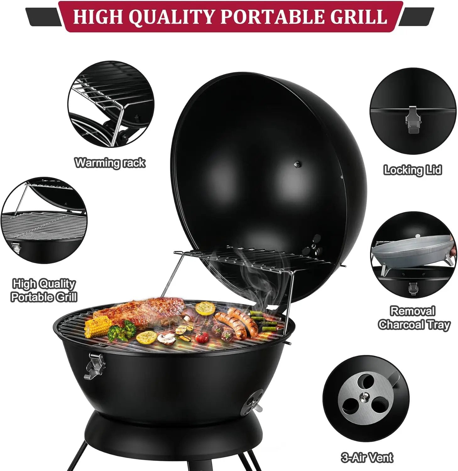 14inch Portable Charcoal Grill with Warming Rack, Small bbq Charcoal Grill Tabletop Foldable Grills for Backyard, Camping, Black by GreenHaven Gardens