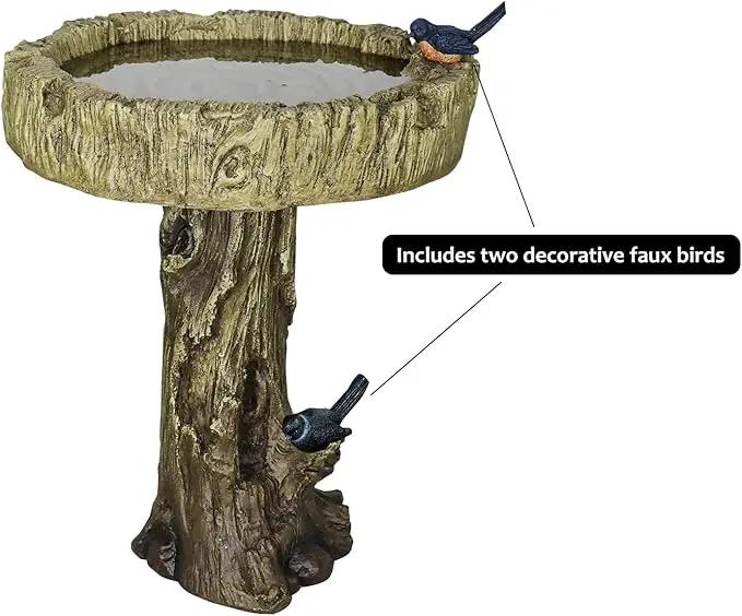 SunJet 24.4 Inch Heigh Wood-Look Concrete Bird Bath with Decorative Faux Bird – birdbath Rustic & Long-Lasting Design, Enhances Garden, Patio, Yard, Lawn Décor by GreenHaven Gardens