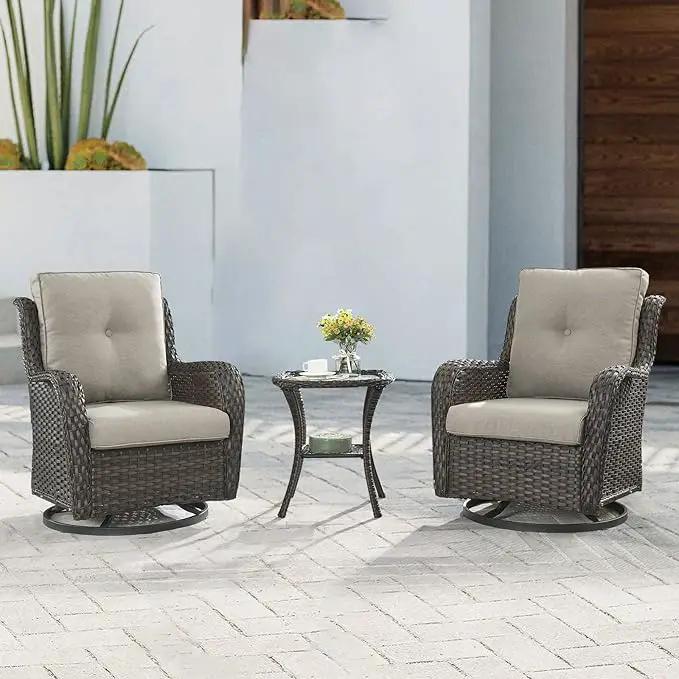 Outdoor Patio Swivel Rocker Chairs - 3 Piece Patio Bistro Set,Wicker Patio Furniture Set with 2 Swivel Rocking Chairs and 1 Glass Top Side Table for Deck Porch Garden,rown/Grey by GreenHaven Gardens