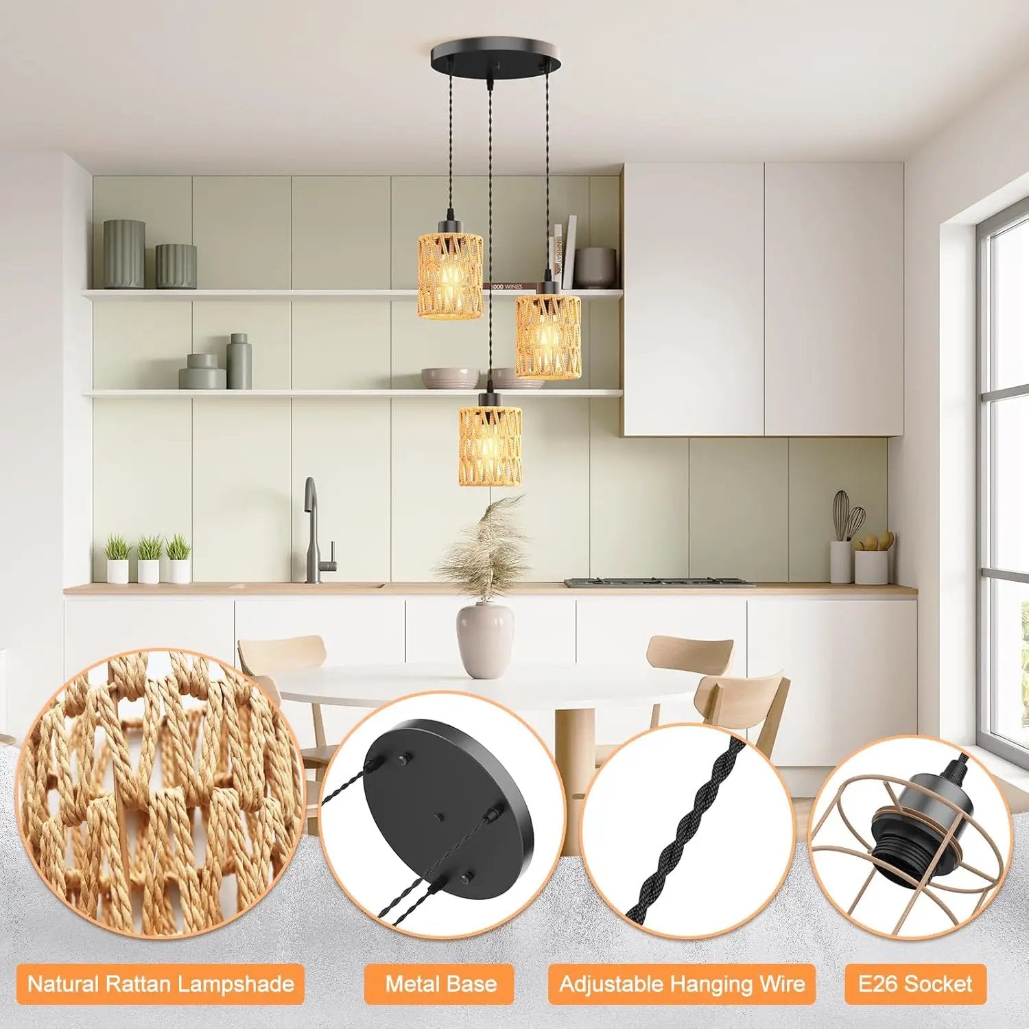 3 in 1 Farmhouse Hemp Rope Pendant Light - Rustic Hand-Woven Rattan Hanging Light Fixture for Kitchen Island,Dining Room,Bedroom- Wicker Cage Chandelier-Coastal/Nautical/Boho Style Lighting Fixture by GreenHaven Gardens