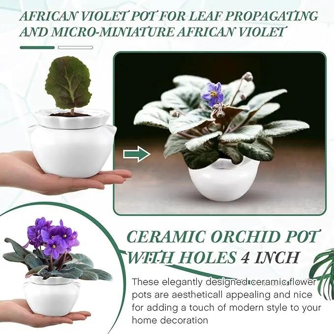 4 Set 4 Inch African Violet Pots Self Watering White Ceramic Planter Highly Absorbent Inner Planter Pot for Indoor Plants Plant Lovers Ideal Plant Pot Thriving Plant Flower Maintenance by GreenHaven Gardens