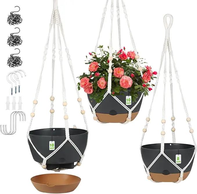 3 Pack Hanging Planters Set, 10 + 10 + 8 Inch Self-Watering Hanging Plant Pot, Macrame Plant Hanger with Pot, Ceiling Hooks, Removable Saucer and Drainage Holes for Indoor, Outdoor Plants - Black by GreenHaven Gardens