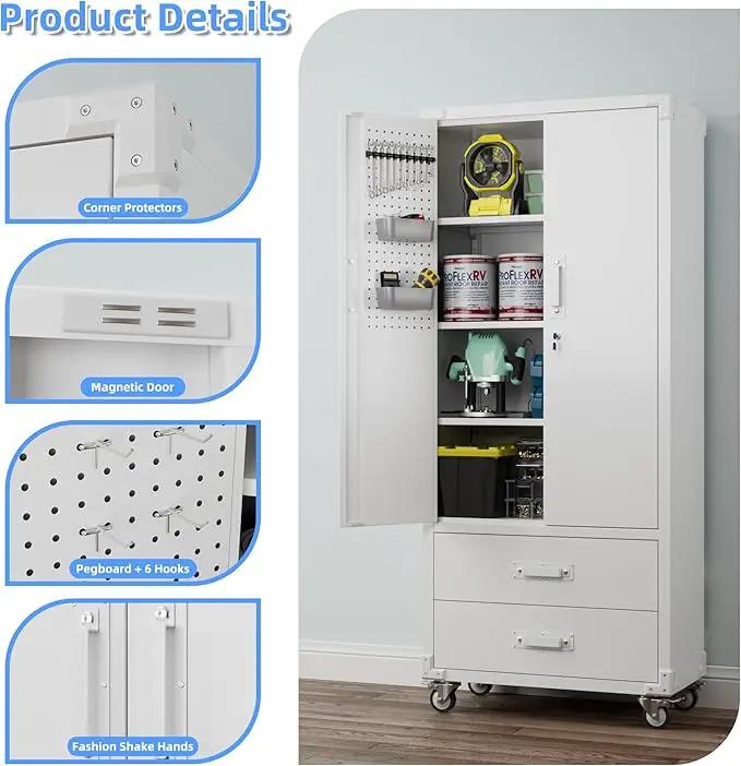 Upgraded Metal Garage Storage Cabinet with Wheels and 2 Drawers, Rolling Tool Cabinet with 3 Shelves and Pegboard Behind The Door for Home Office Garage,Assembly Required,White by GreenHaven Gardens