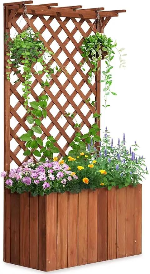 Quictent Raised Garden Bed Wood Planter Box with Lattice Trellis for Vine Climbing Plants Flower Free-Standing, for Patio Garden Indoor Outdoor 25x12x48 in by GreenHaven Gardens