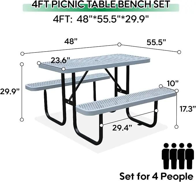 4FT Metal Picnic Tables for Outdoors, Commercial Rectangular Picnic Table and Bench Set for Outside, Patio, Garden, Backyard, Porch, Surface Mount, Grey by GreenHaven Gardens
