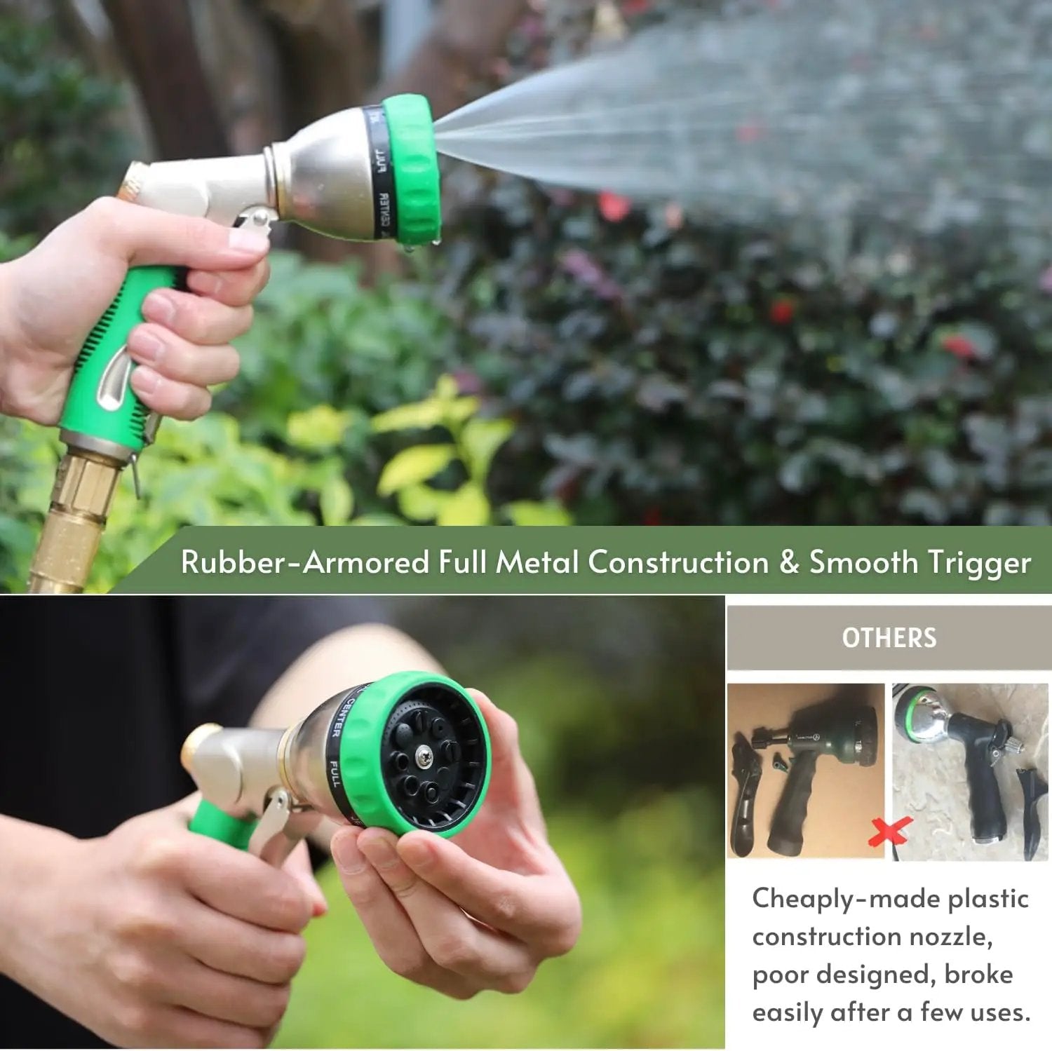 HOSUN Garden Hose Nozzle Sprayer Heavy Duty, 100% Metal Water Hose Nozzle with 8 Spray Patterns, High Pressure Hose Spray Nozzle with Non-Slip Grip for Watering Plant & Lawn, Washing Car & Pet, Green by GreenHaven Gardens