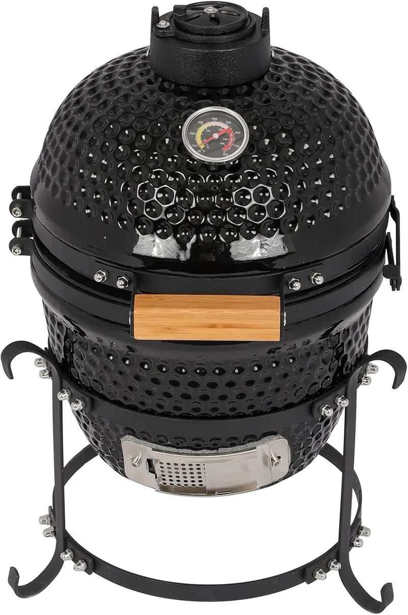 13" Round Ceramic Kamado Charcoal Grill - Heavy-Duty Black Outdoor BBQ Smoker with Heat Retention, Portable Egg Design for Grilling, Smoking, Baking & Roasting (Includes Ash Tool) by GreenHaven Gardens