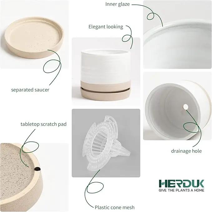 6 + 8 Inch Plant Pots, Ceramic Planter Pot with Drainage Hole & Saucer, Indoor/Outdoor Cylinder Round Planter Pot, Cream & Beige by GreenHaven Gardens