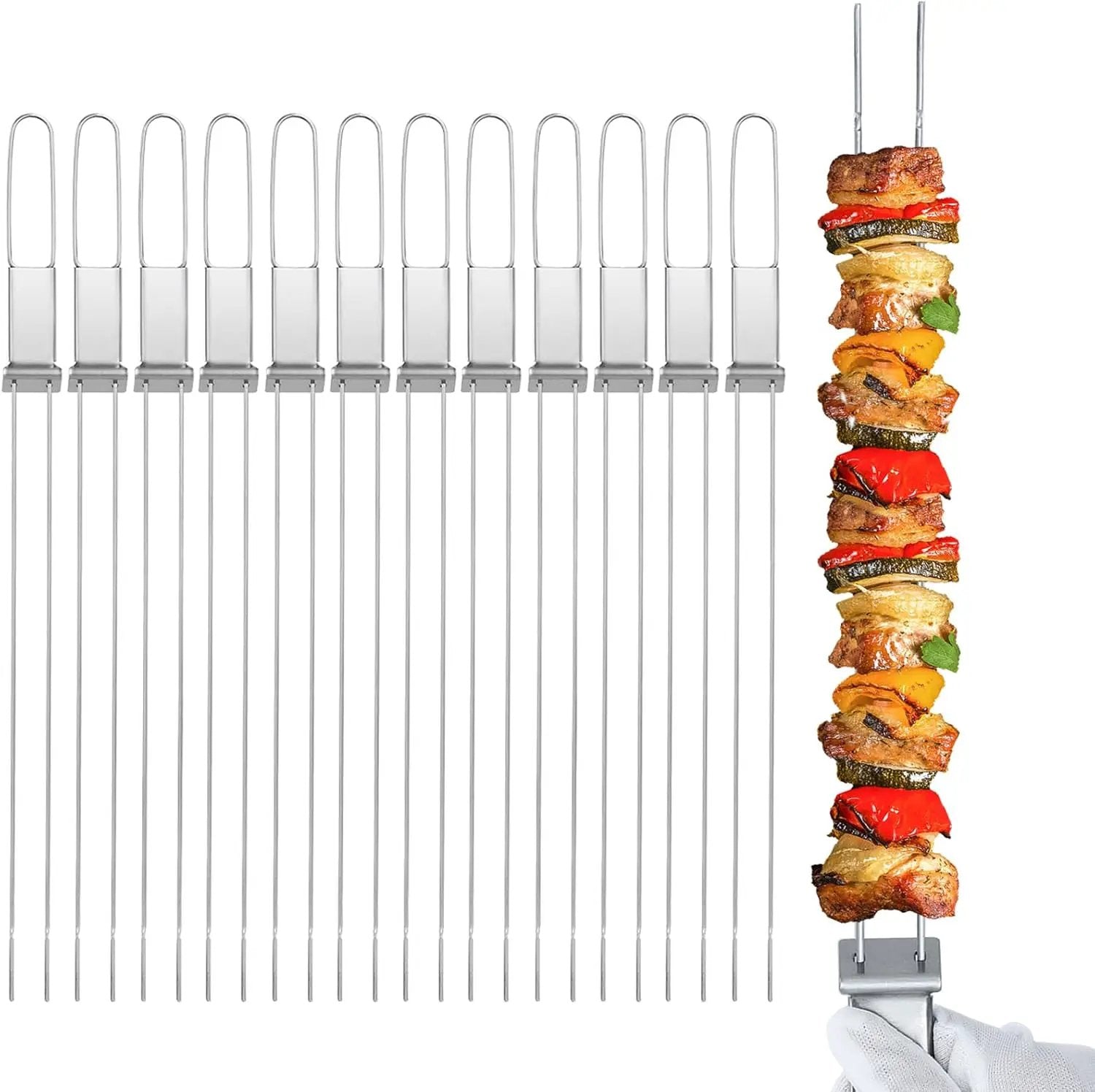 Kabob Skewers - 17" 12 Pack Metal Skewers For Kabobs with Push Bar Double Pronged Anti-Roll Flat BBQ Skewer for Grilling Stainless Steel Reusable Kebab Skewer for Meat Shrimp Chicken Veggie by GreenHaven Gardens