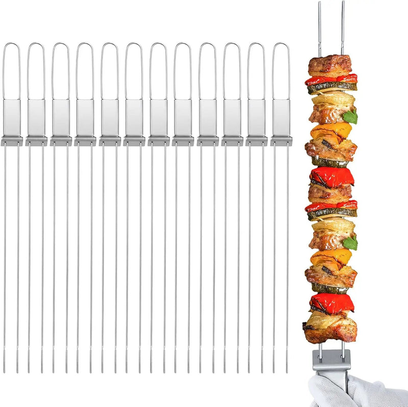 Kabob Skewers - 17" 12 Pack Metal Skewers For Kabobs with Push Bar Double Pronged Anti-Roll Flat BBQ Skewer for Grilling Stainless Steel Reusable Kebab Skewer for Meat Shrimp Chicken Veggie by GreenHaven Gardens