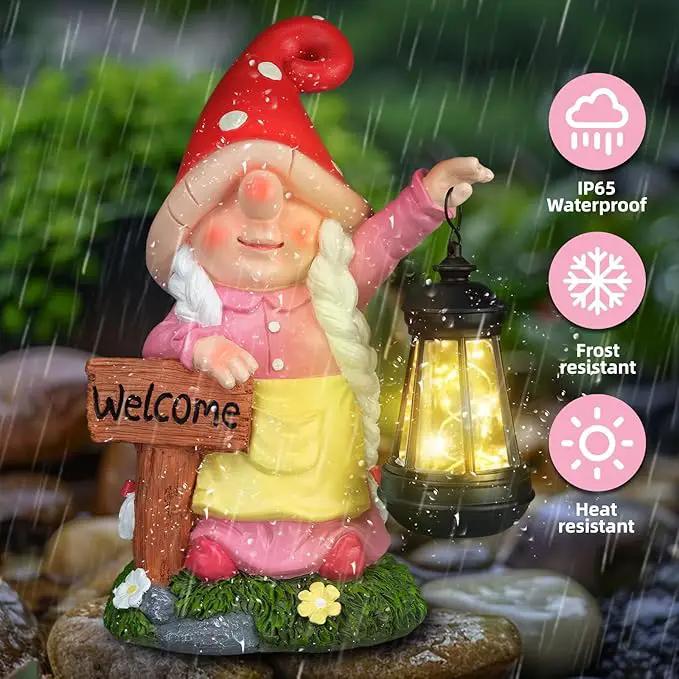 Solar Garden Gnome Statue Holding LED Lantern with Welcome Sign Outdoor Ornaments Waterproof Christmas Decoration for Outside Patio Yard Lawn Decor (Pink) by GreenHaven Gardens