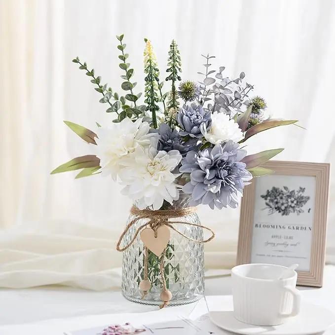 Fake Flowers Artificial Blue Flowers with Vase, Table Centerpieces for Dining Room, Silk Flower Arrangements for Home, Living Room Bathroom Plant Decor, Centerpiece Table Decorations by GreenHaven Gardens