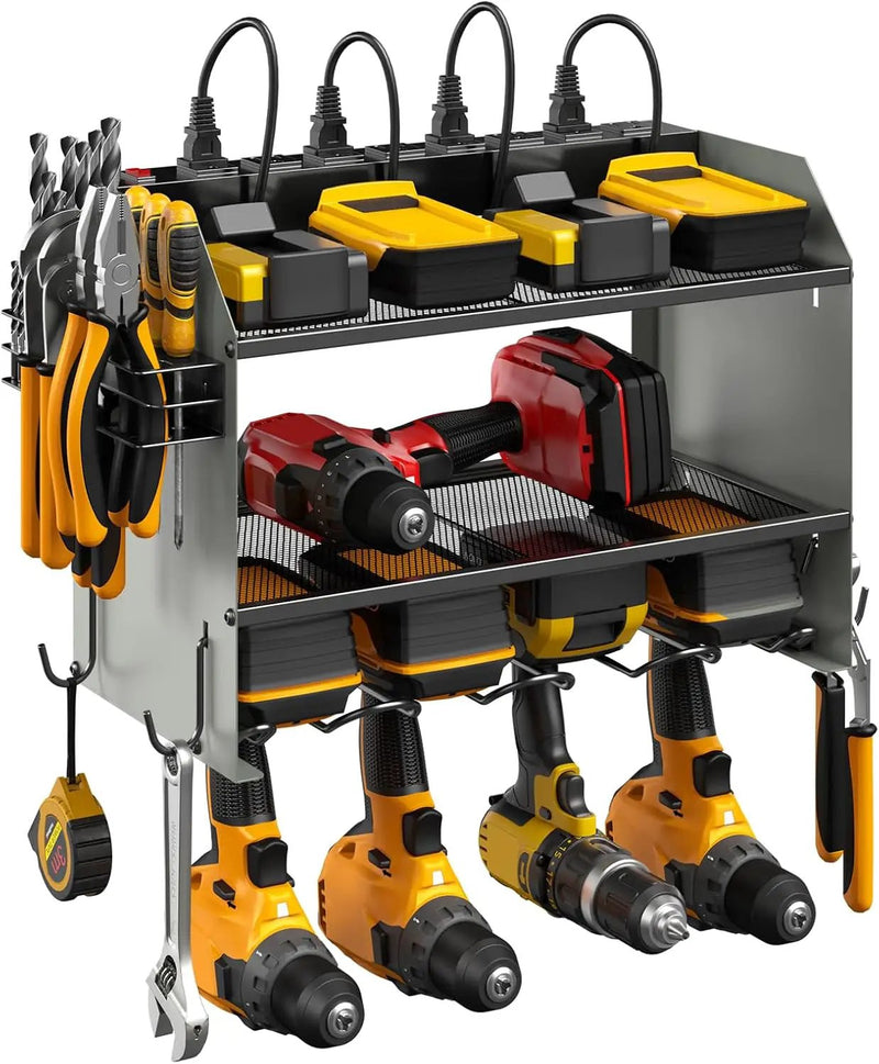 CCCEI Set Power Tool Organizer Wall Mount with Charging Station. Garage 4 Drill Storage Shelf with Hooks, Heavy Duty Metal Tool Battery Charger Organizer. Shop Utility Rack with Power Strip Grey. by GreenHaven Gardens