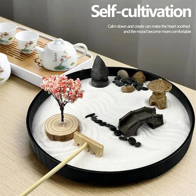 Zen Garden for Desk Japanese Zen Garden Kit 8 Inch Large Round with 6 Sand Rake and Accessories Tray Mini Desktop Zen Decor for Home Office Gift Therapy Relaxation Meditation by GreenHaven Gardens