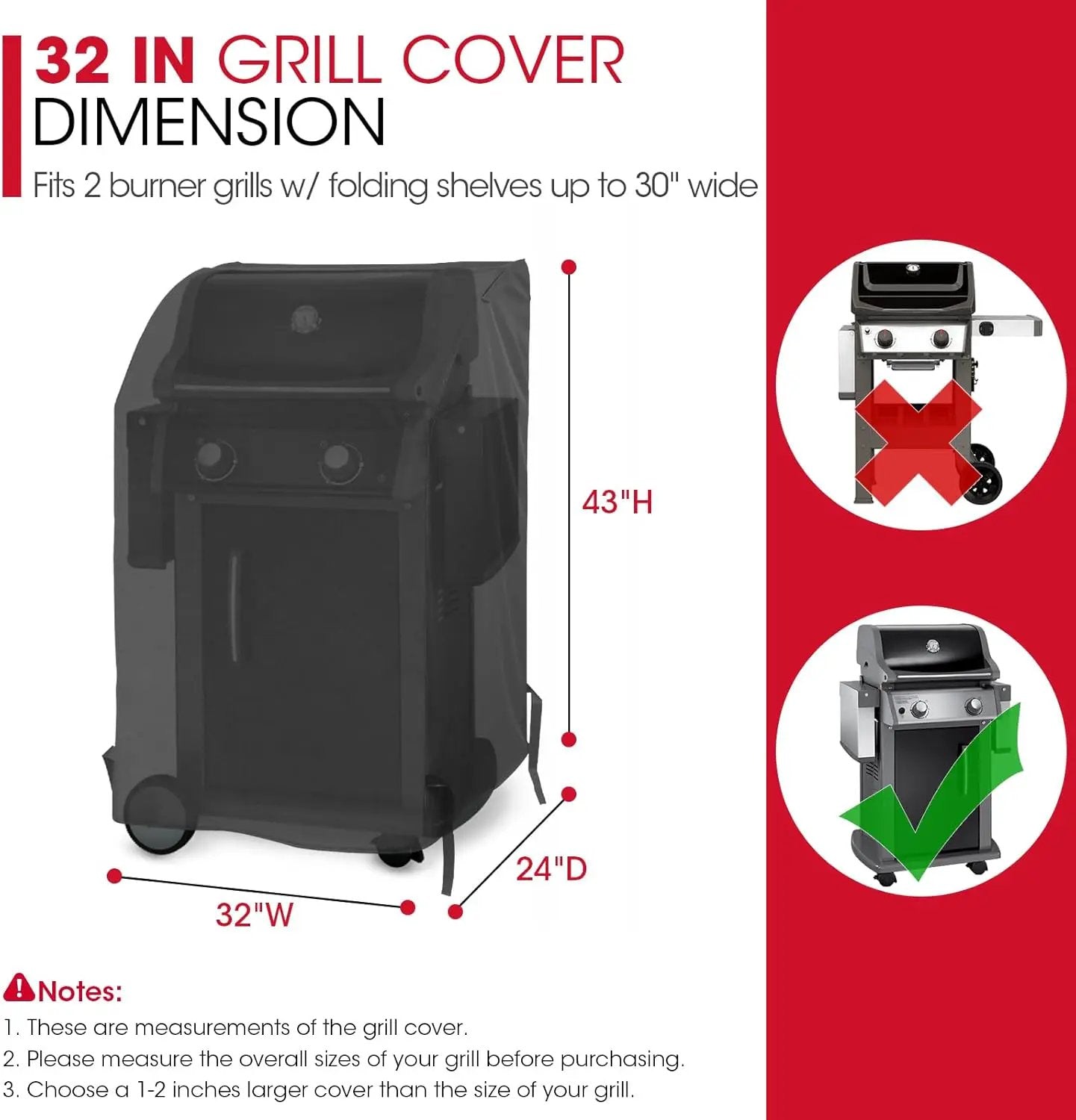 Unicook 32 Inch Small Grill Cover, Heavy Duty Waterproof 2 Burner Gas BBQ Cover, Compatible with Weber Char-Broil Nexgrill KitchenAid Grills with Both Side Tables Down, All Weather Protection by GreenHaven Gardens