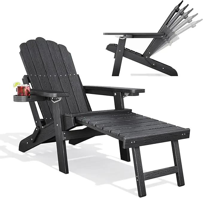 Folding Adirondack Chair with Retractable Ottoman Fire Pit Patio Chair with Adjustable Backrest, 2 Cup Holder Weather Resistant Outdoor, Patio, Lawn, Garden, Backyard Deck, Fire Pit, Black by GreenHaven Gardens