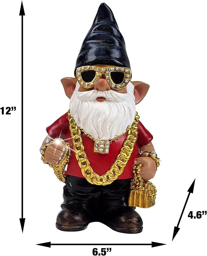 Better Office Products Garden Gnome Statue, 12" Height, Handcrafted Waterproof, UV-Resistant Polyresin Lawn Patio Porch Ornament Decoration (Bling Rapper with Solar Light) by GreenHaven Gardens