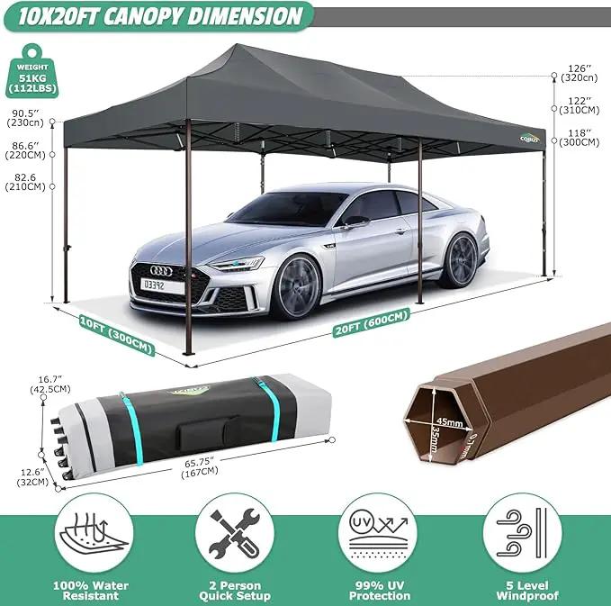 COBIZI 10x20 Pop Up Canopy Heavy Duty Without Sidewalls, Commercial Heavy Duty Pop Up Tent for Parties All Weather Waterproof and UV 50+ Wedding Tent with Roller Bag(Legs Upgraded),Grey by GreenHaven Gardens