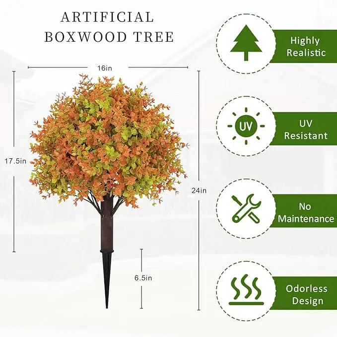 24" Fall Plants Artificial Boxwood Topiary Trees, UV Resistant Faux Bushes with Ground Spike, Fake Shrubs for Outdoor Planters, Front Porch, Patio, Yard Decor Set of 2 by GreenHaven Gardens