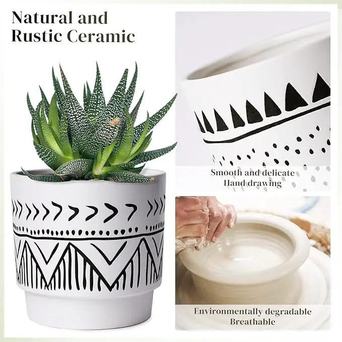Boho 6 Inch Ceramic Plant pots, Geometric Ceramic Embossed Flower Pots Indoor with Drainage Holes, 2 Set Minimalistic Planters for Indoor and Outdoor Plants(Beige&Black) by GreenHaven Gardens