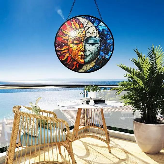 Sun and Moon Decor Suncatcher Stained Glass Window Hanging - Wall Art Stained Glass Suncatchers for Windows Hanging - Home Sun Catchers Indoor Window with Chain - Celestial Decor Gifts for Women Mom by GreenHaven Gardens