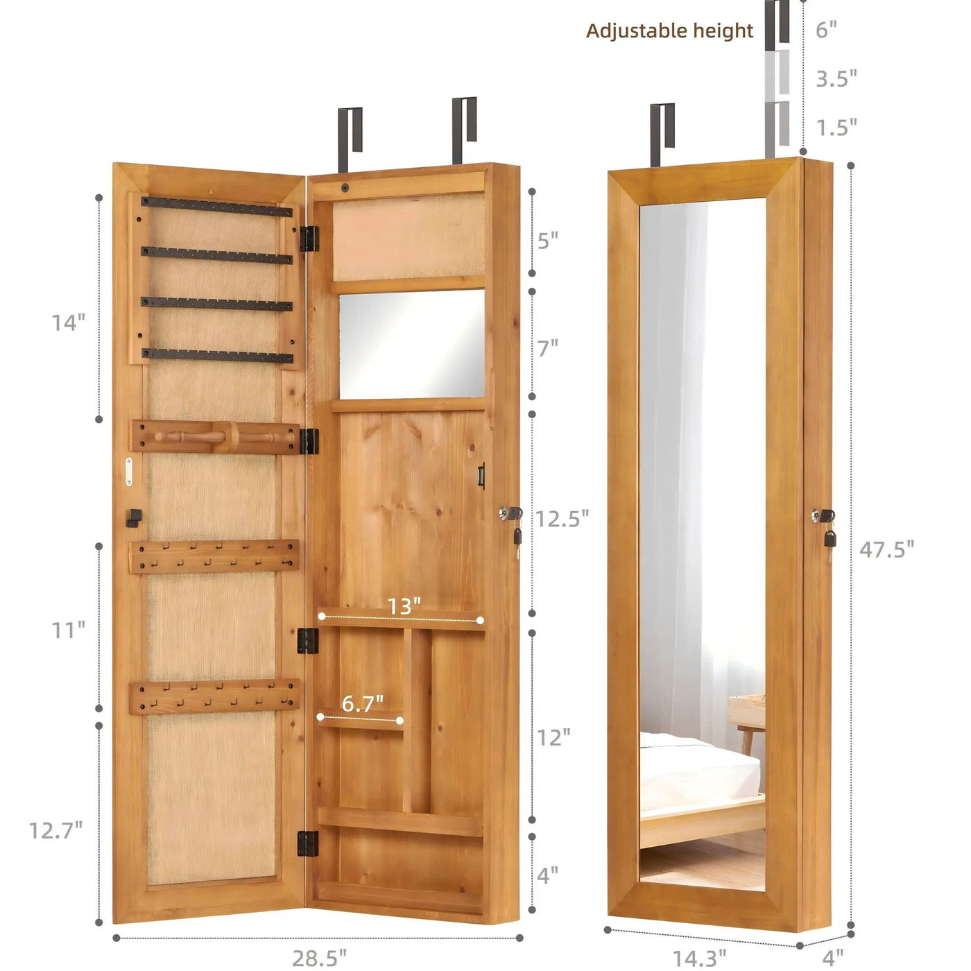 Jewelry Armoire Organizer With Full Length Mirror, Wall Mounted Lockable Cabinet With LED Light by Unique Piece Furniture