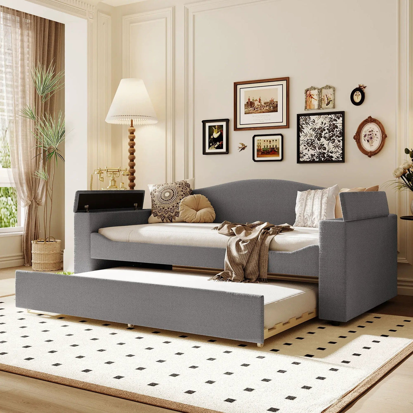 Upholstered Daybed With Storage Armrests, Trundle And Latest Integrated tooth Audio System by HouseOfZazla