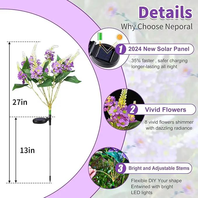 Neporal Solar Flowers Outdoor Waterproof Purple, Lilac Garden Solar Lights Decorative 4PK 8-Stem, 2 Lighting Modes, Solar Powered Garden Decor, Solar Yard Decor by GreenHaven Gardens