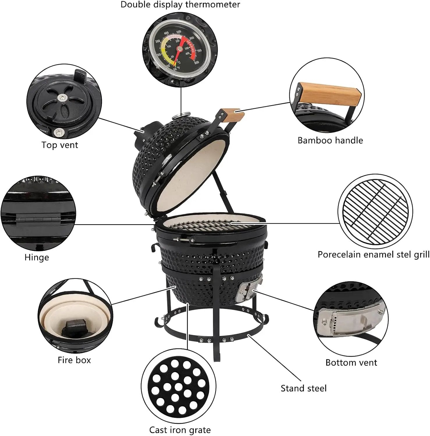 13" Round Ceramic Kamado Charcoal Grill - Heavy-Duty Black Outdoor BBQ Smoker with Heat Retention, Portable Egg Design for Grilling, Smoking, Baking & Roasting (Includes Ash Tool) by GreenHaven Gardens