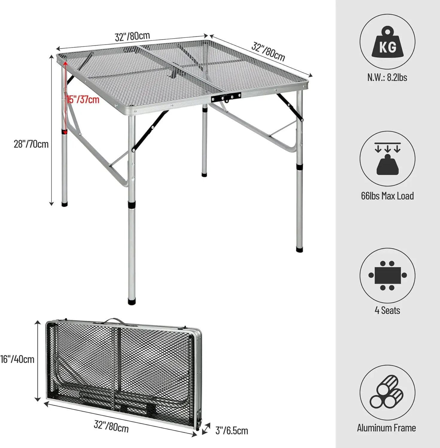 REDCAMP Folding Portable Grill Table for Outside, Lightweight Aluminum Metal Grill Stand Table for Camping Cooking BBQ RV Picnic,Easy to Assemble with Adjustable Heights Legs,Silver 32”x32” by GreenHaven Gardens