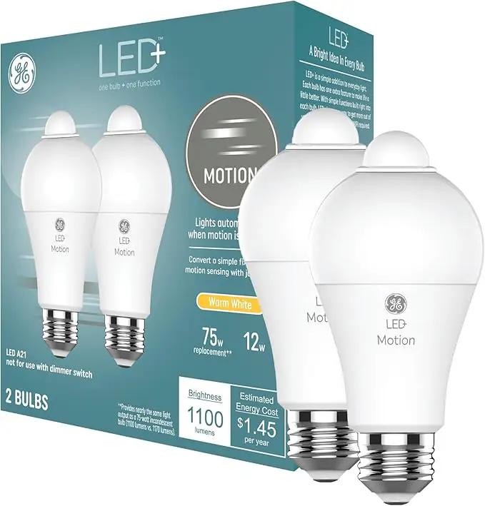 GE LED+ Motion Sensor LED Light Bulbs, 12W, Outdoor Security Lights, A21, Warm White (2 Pack) by GreenHaven Gardens
