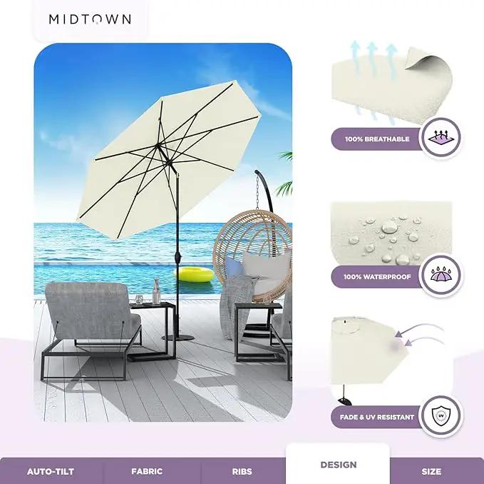 Midtown Umbrellas Sunbrella Umbrella 9 Feet Outdoor Umbrella With Canvas Natural Acrylic Fabric - Auto-Tilt Aluminum Frame Patio Umbrella For Backyard, Deck, Garden, Pool - Black Pole by GreenHaven Gardens