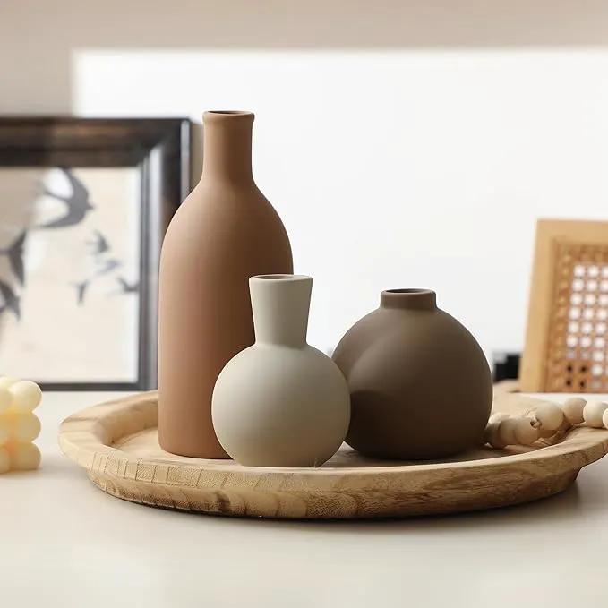 Ceramic Vase Set of 3, Vases Home Decor Rustic Farmhouse Decorative Vase Pottery Vases for Bouquet Pampas Grass Dried Fresh Flowers, Table Living Room Kitchen Bedroom Bathroom - Brown by GreenHaven Gardens