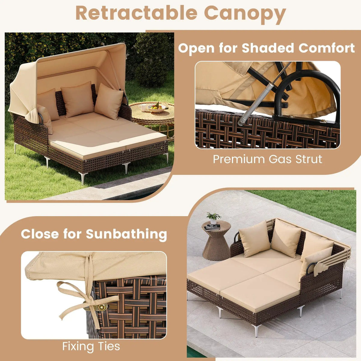 Outdoor Daybed with Retractable Canopy PE Wicker Rattan Patio Lounger, photo 14 of 16